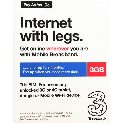 3UK 4G/3G Pay As You Go Multi-Country 90 Days 3GB Data SIM