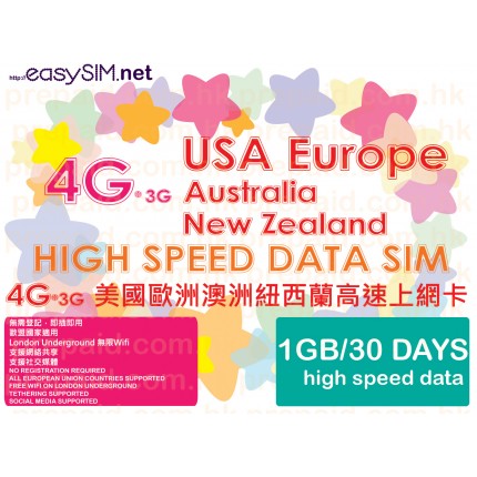 easySIM 4G/3G Multi-Country 30 Days 1GB Data Prepaid SIM